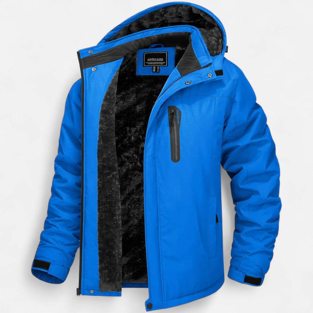 Men's hooded winter parka with fleece lining, zip front and long sleeves