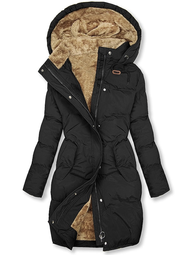 Women's longline hooded parka coat with plush lining, zipper front and front pockets