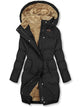 Women's longline hooded parka coat with plush lining, zipper front and front pockets