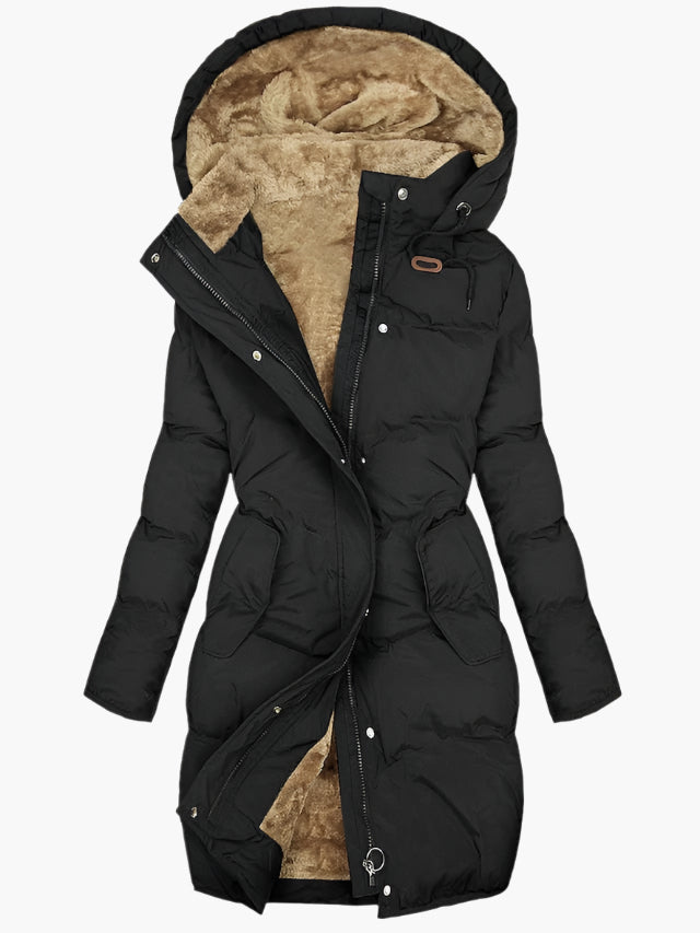 Women's long quilted hooded coat with fur-effect lining and front pockets