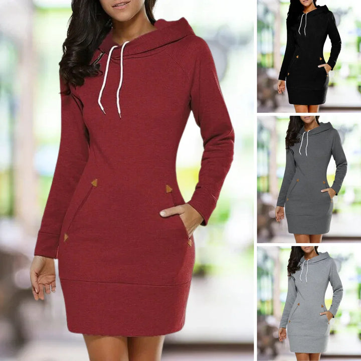 Women's hooded knee-length sweatshirt dress with pockets