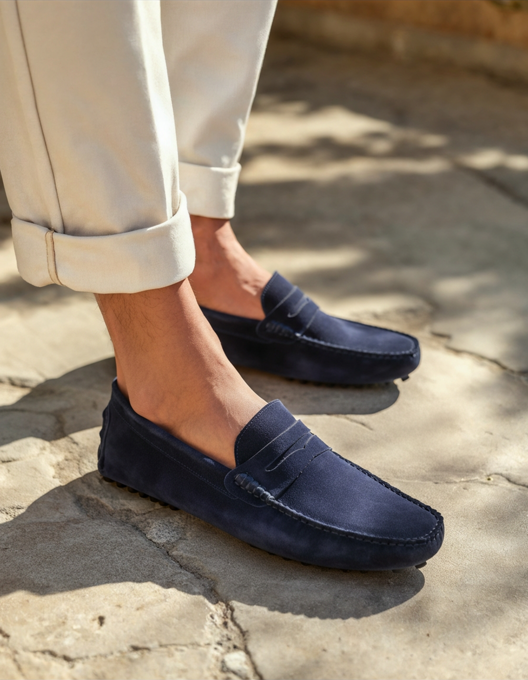 Men's penny loafers with rounded moc toes, vamp straps and stitched detailing