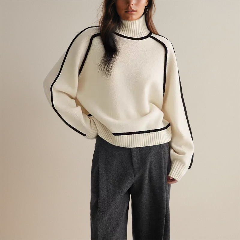 Women's turtleneck sweater with contrast trim and long sleeves