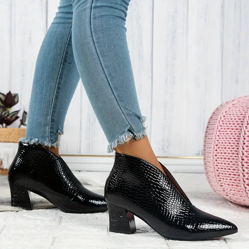 Women's Textured Ankle Boots with Block Heel in Black - View 5 | Bellmere