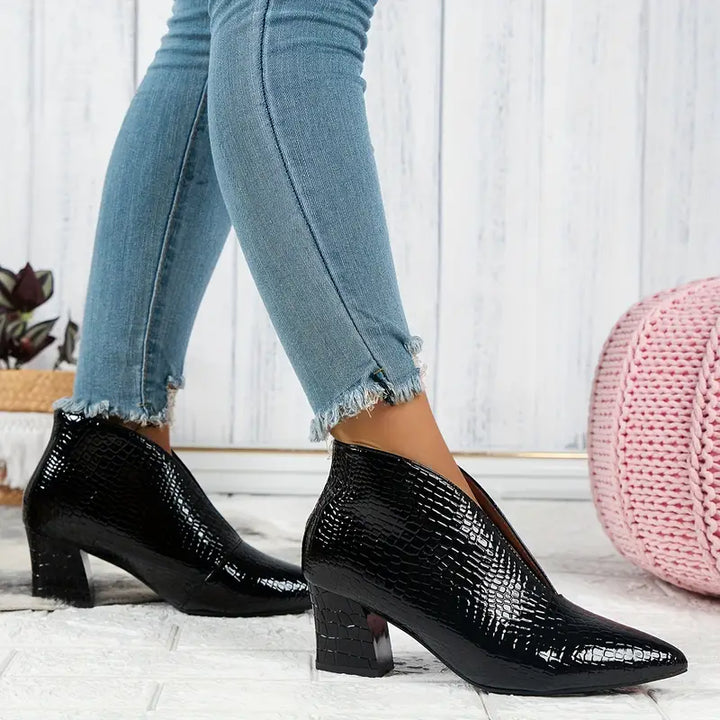 Women's Textured Ankle Boots with Block Heel in Black - View 5 | Bellmere