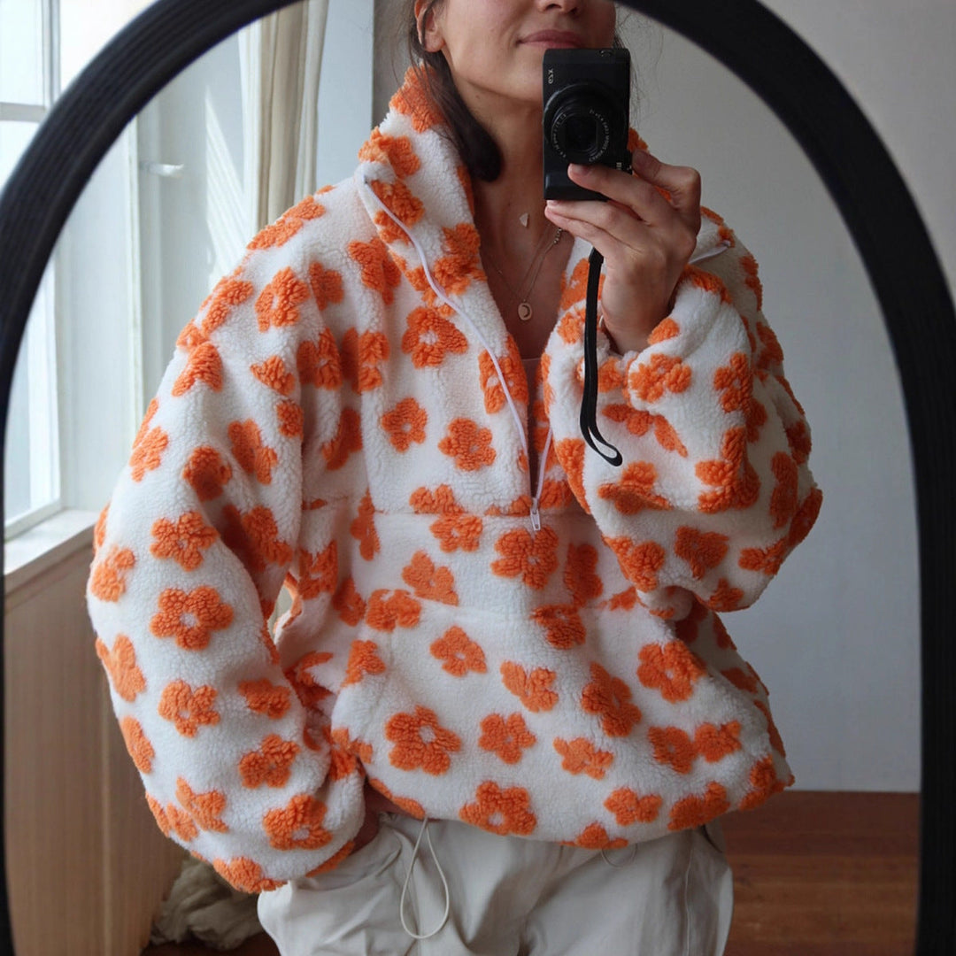 Women's floral fleece sweatshirt with hood, half-zip front and large kangaroo pocket
