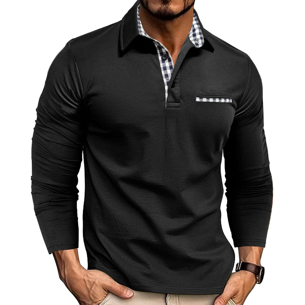 Long sleeve polo shirt with checked contrast collar and chest trim