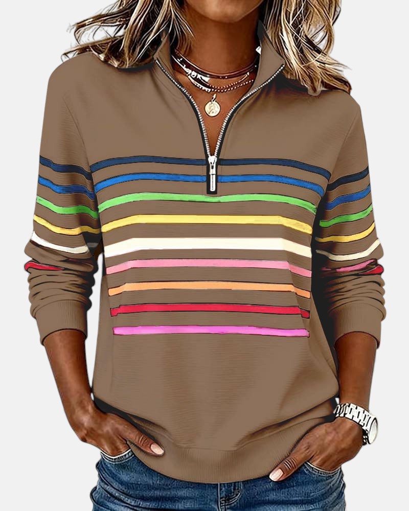 Women's Rainbow Striped Zip Sweatshirt in Gray - View 5 | Bellmere