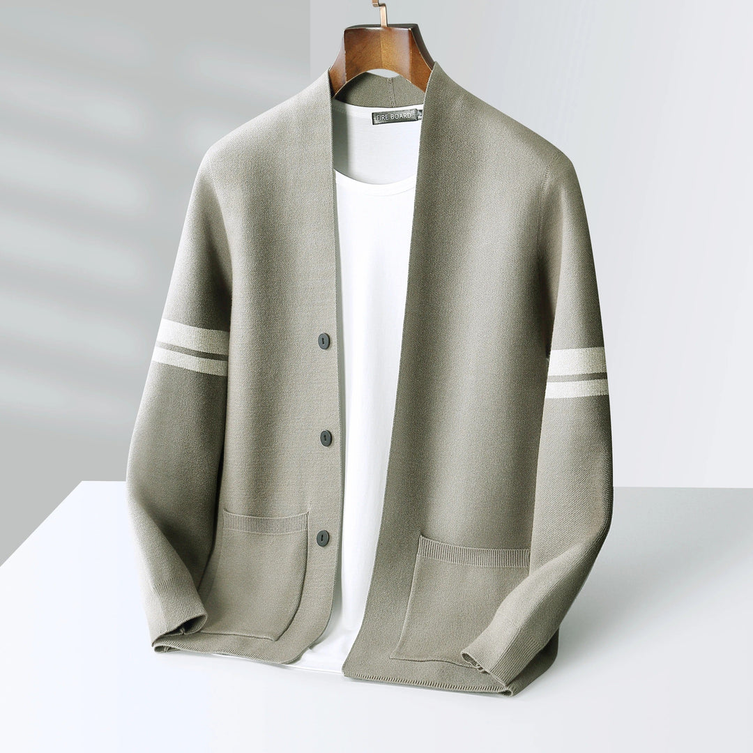 Button-front cardigan with contrast sleeve stripes and patch pockets