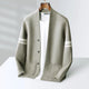 Button-front cardigan with contrast sleeve stripes and patch pockets