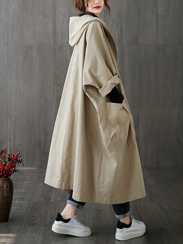 Women's long hooded trench coat with rolled sleeves and large front pockets