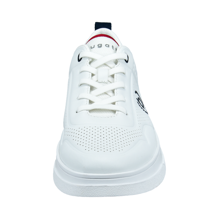 White low-top lace-up sneaker with perforated panels and dark logo