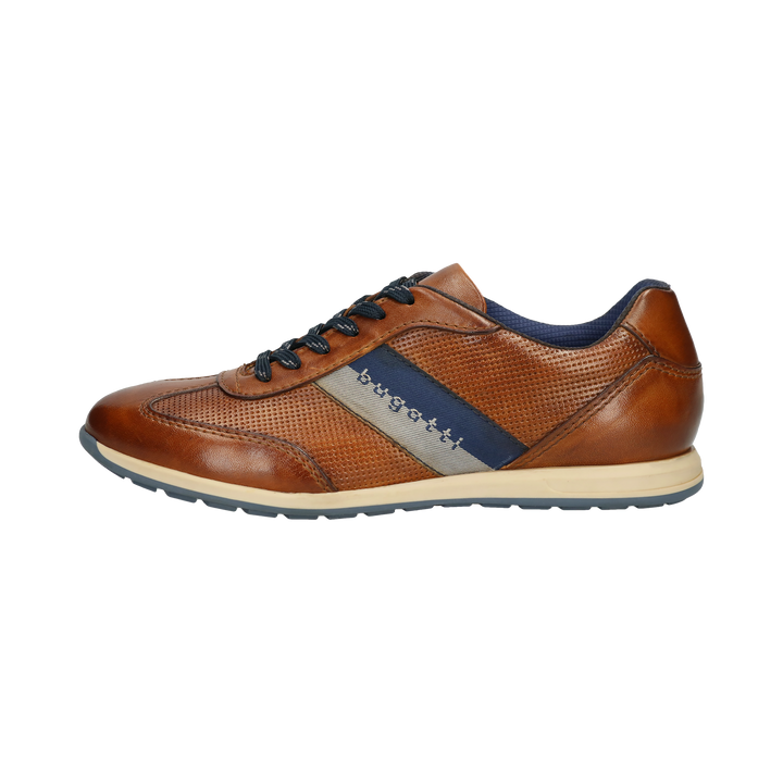 Cognac leather lace-up sneaker with textured panels and navy side stripe