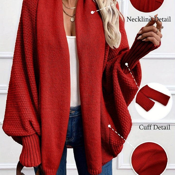Women's draped open-front cardigan with shawl collar and ribbed cuffs