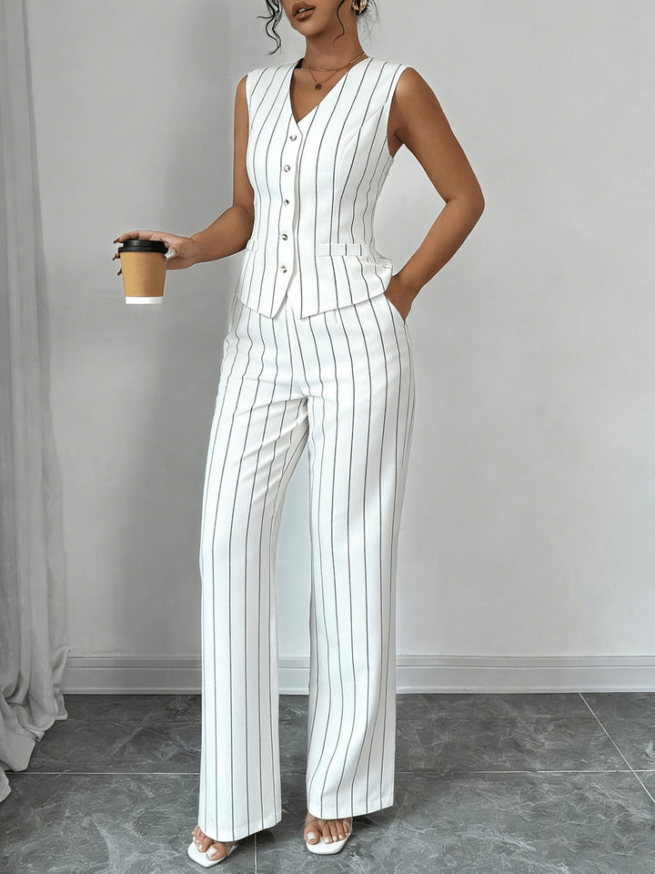 Women's pinstripe sleeveless vest and wide-leg trouser set with V-neck and button front