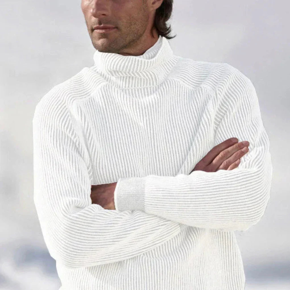 Men's ribbed turtleneck sweater shown in black and white
