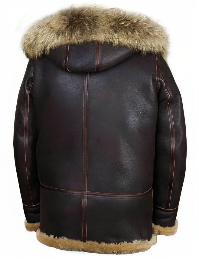 Brown leather aviator jacket with tan lining and hood