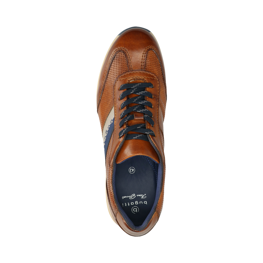 Cognac leather lace-up sneaker with textured panels and navy side stripe
