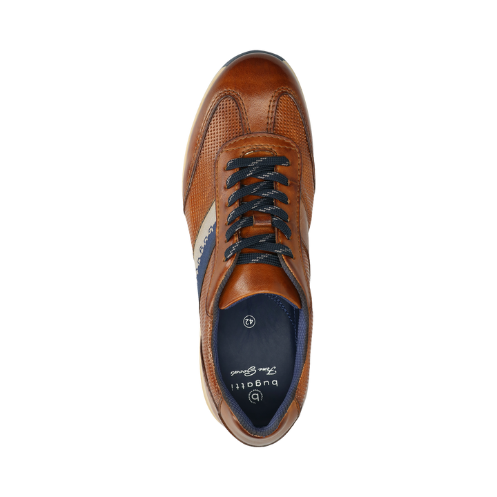 Cognac leather lace-up sneaker with textured panels and navy side stripe