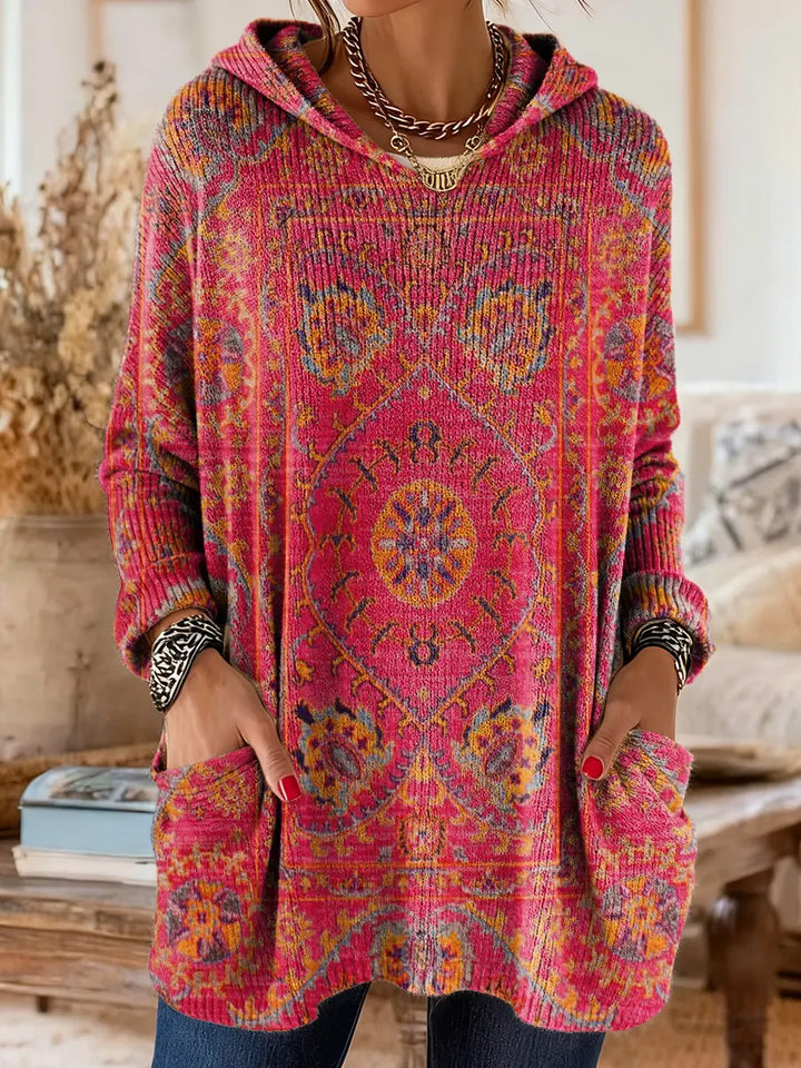 Women's multicolour ethnic print hooded knit tunic