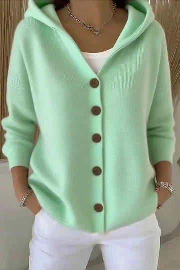 Women's hooded knit cardigan with button front and long sleeves