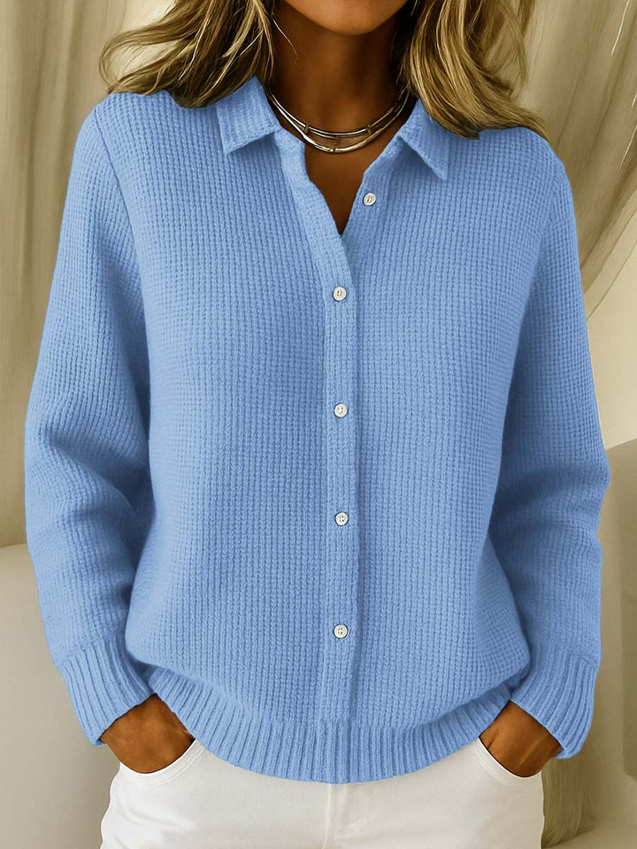 Women's ribbed knit cardigan with collar and button front
