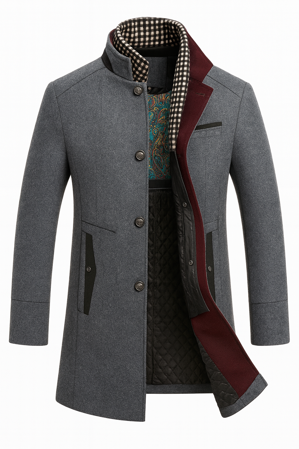 Men's textured button-front overcoat with Mandarin collar and contrast trim