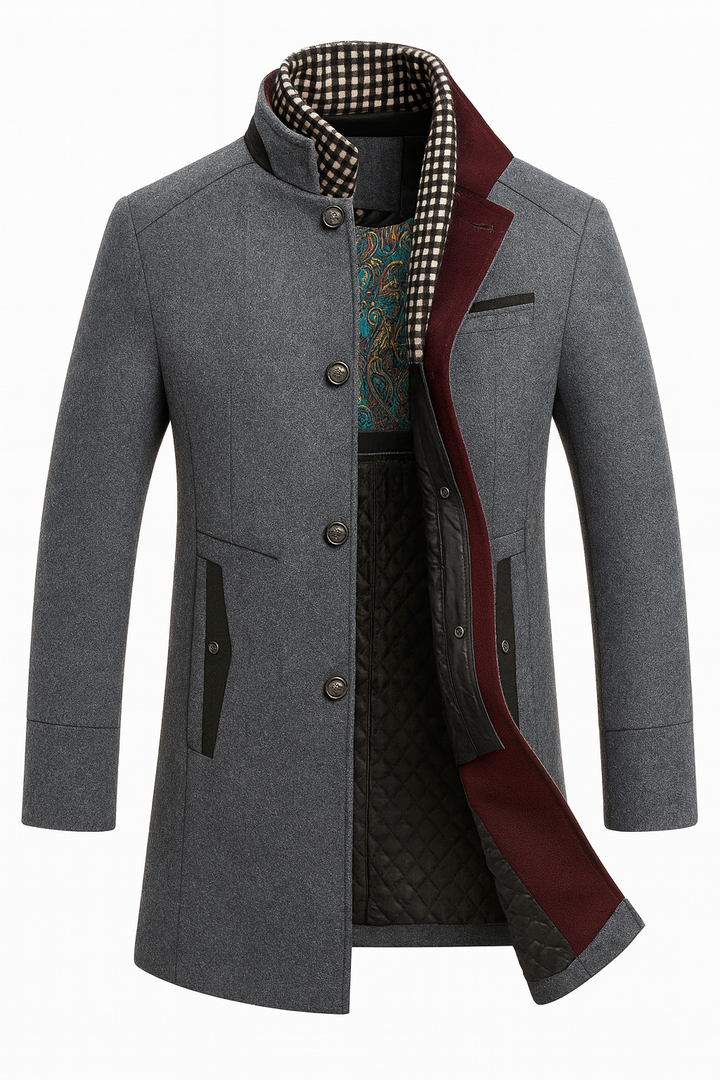 Men's textured button-front overcoat with Mandarin collar and contrast trim