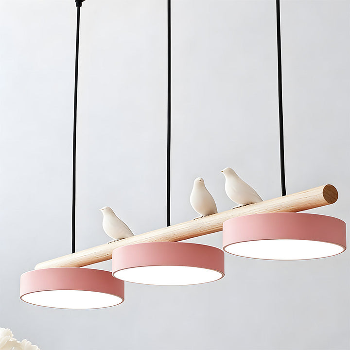 Three-lamp LED pendant light with wood-effect bar and bird details