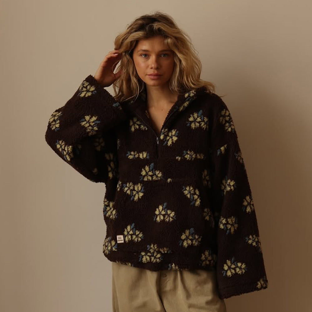Women's floral fleece sweatshirt with hood, half-zip front and large kangaroo pocket