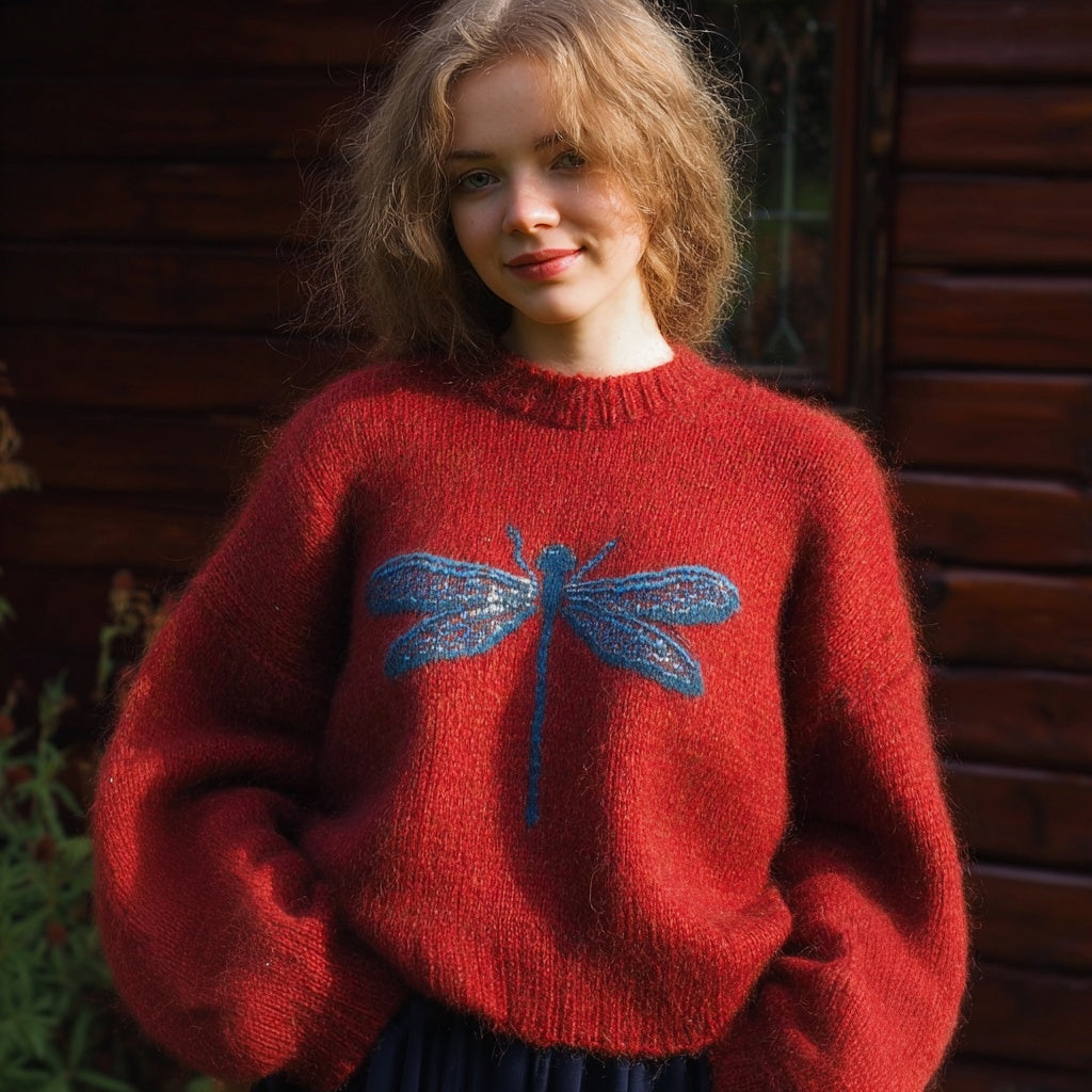 Women's red jumper with blue dragonfly graphic