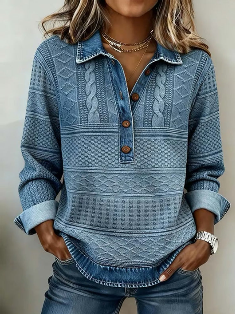 Women's blue textured knit jumper with collar and button placket