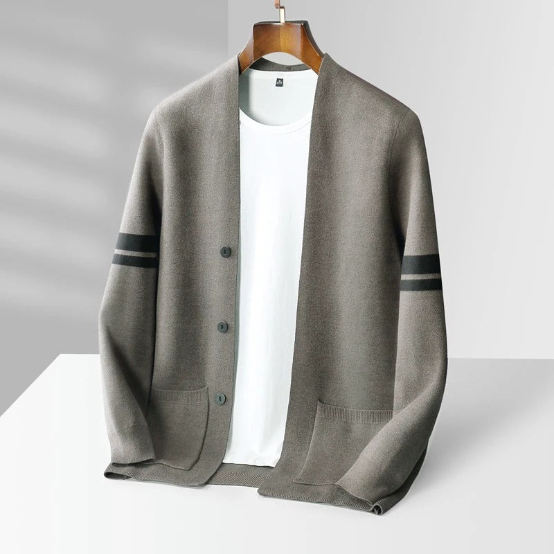 Button-front cardigan with contrast sleeve stripes and patch pockets