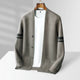 Button-front cardigan with contrast sleeve stripes and patch pockets