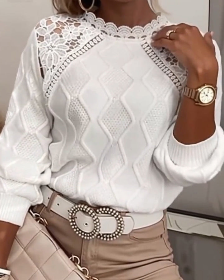 Women's white textured sweater with floral lace shoulder yoke and long sleeves