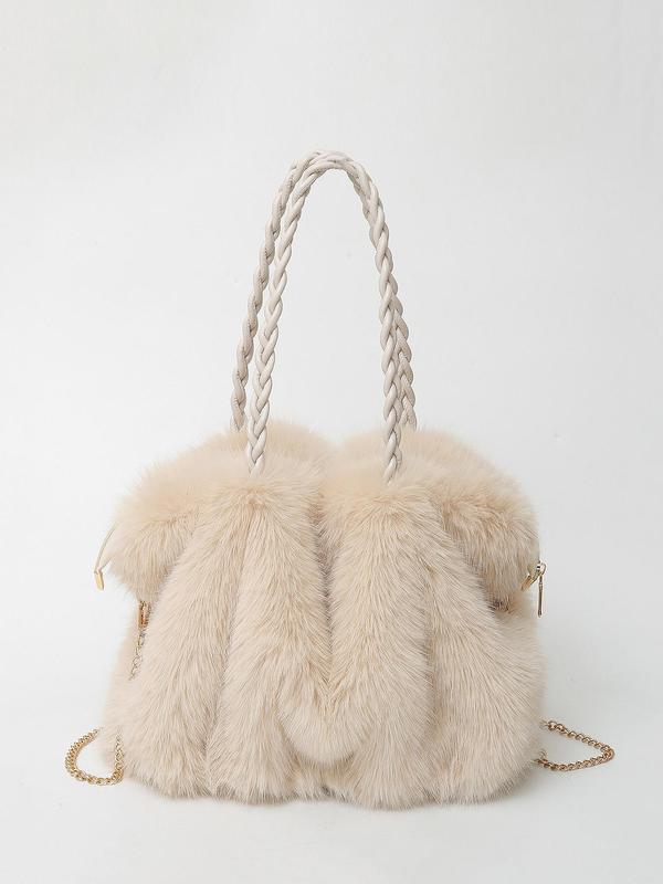 Faux fur shoulder bag with braided handles and chain strap