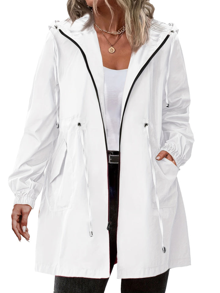 Women's longline hooded raincoat with drawstring waist