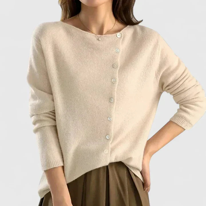 Women's long-sleeve cardigan with asymmetric button front and ribbed trims
