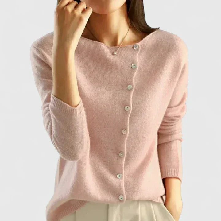Women's long-sleeve cardigan with asymmetric button front and ribbed trims