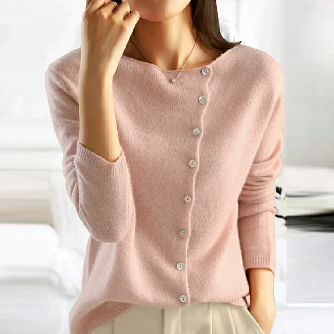 Women's long-sleeve button front knit cardigan shown in grey and pink