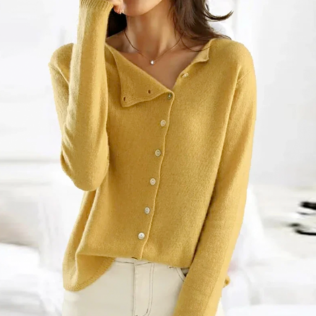 Women's long-sleeve button front knit cardigan shown in grey and pink