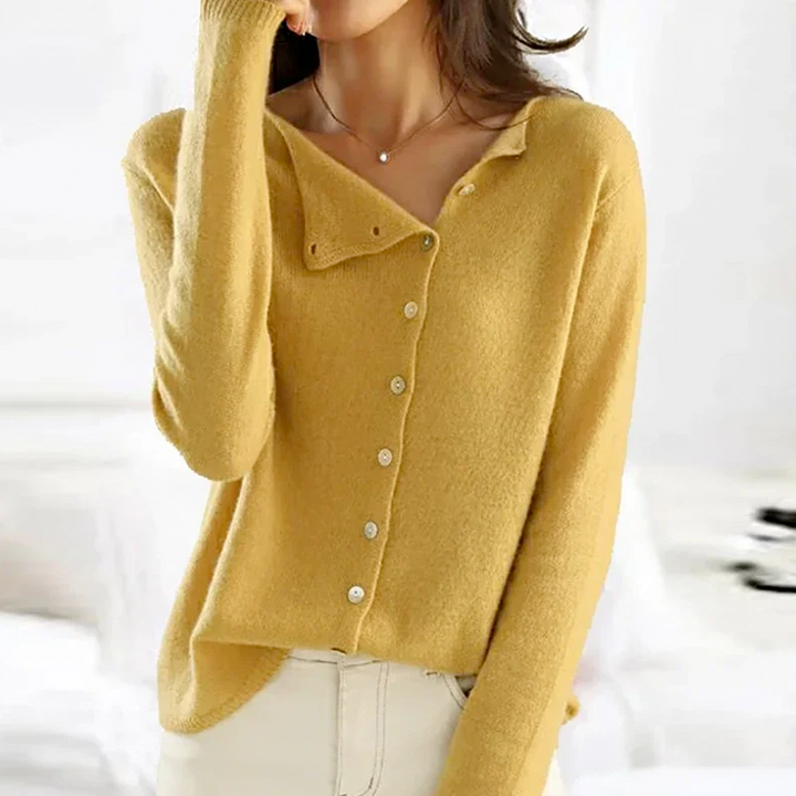 Women's long-sleeve button front knit cardigan shown in grey and pink