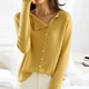 Women's long-sleeve button front knit cardigan shown in grey and pink
