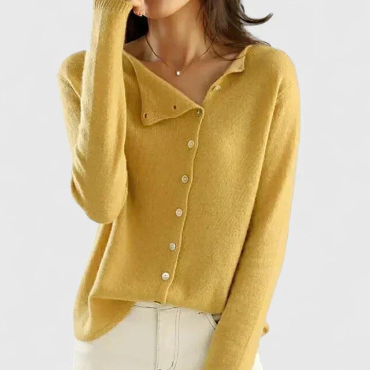Women's long-sleeve cardigan with asymmetric button front and ribbed trims