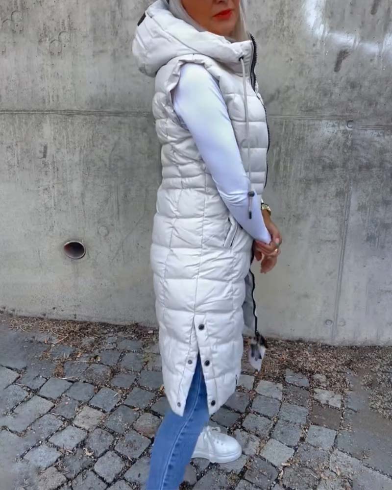 Women's white sleeveless quilted hooded longline vest with front zipper and zip pockets