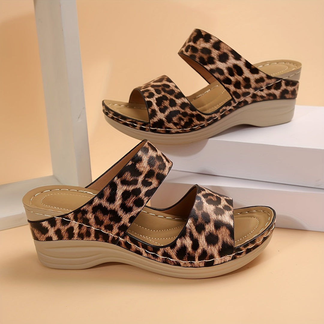 Camila | Women's Leopard Print Mid-Height Wedge Slide Sandals