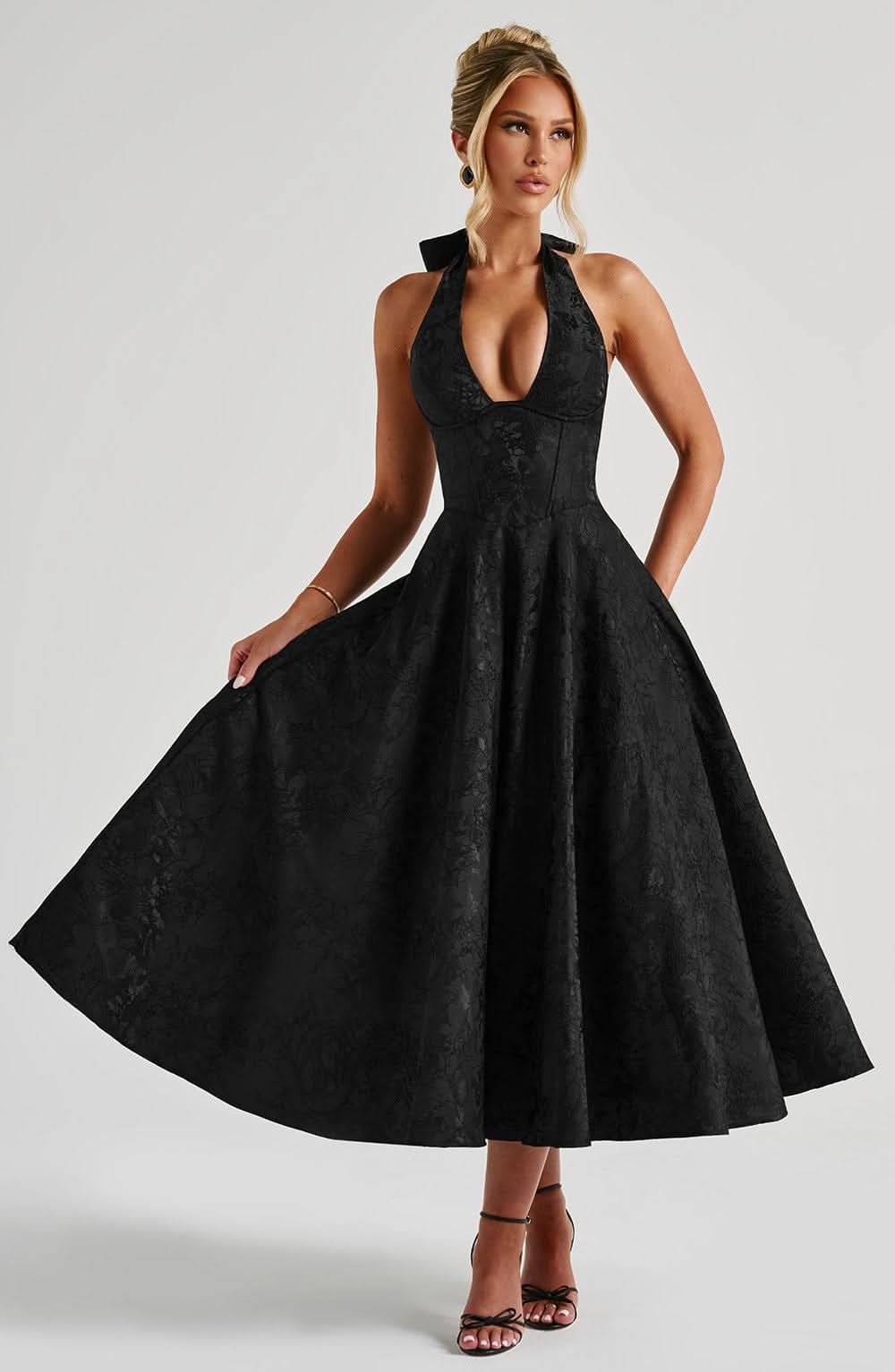 Halter Neck Jacquard Midi Dress for Women, A-Line Skirt