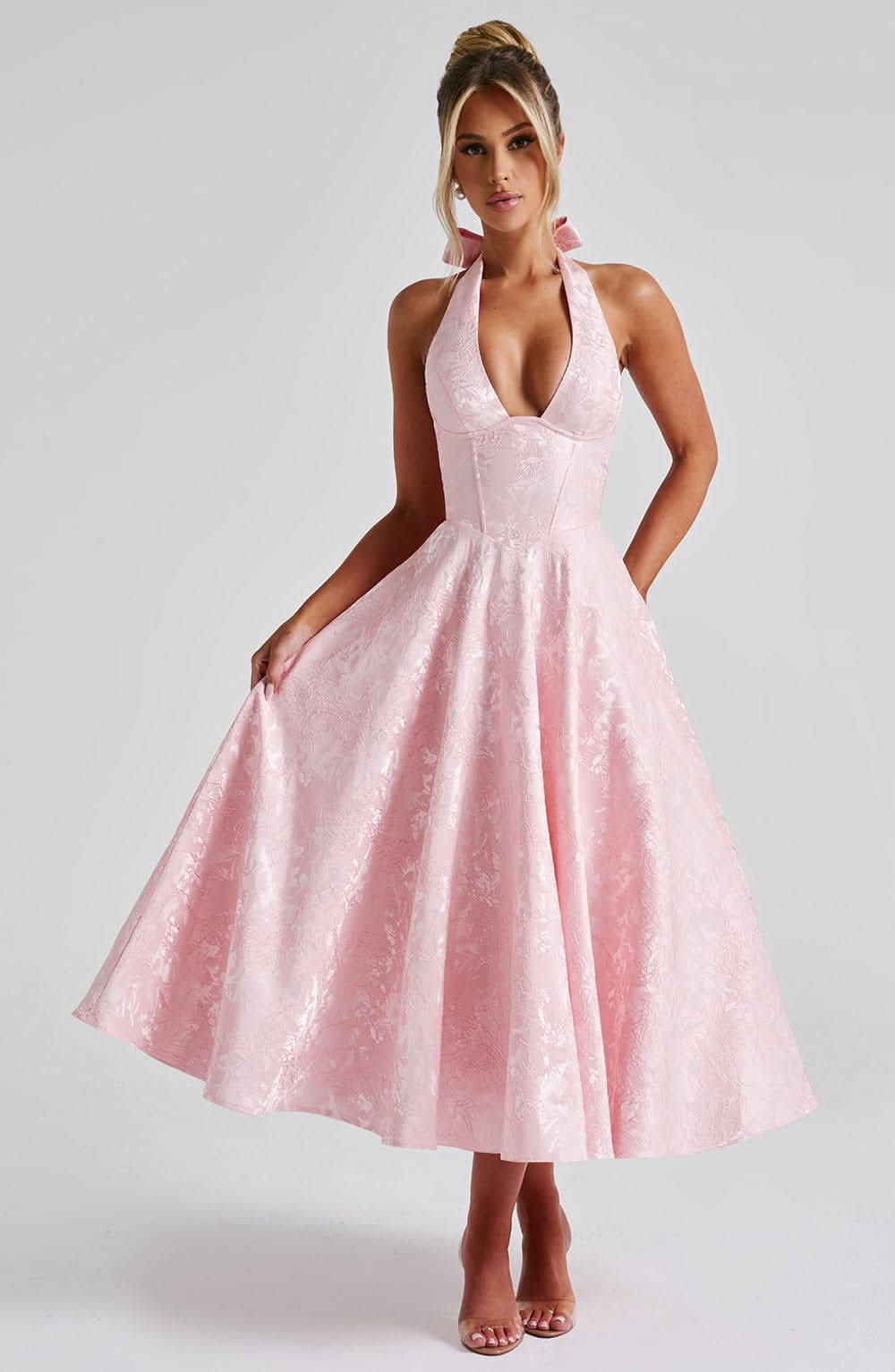 Halter Neck Jacquard Midi Dress for Women, A-Line Skirt