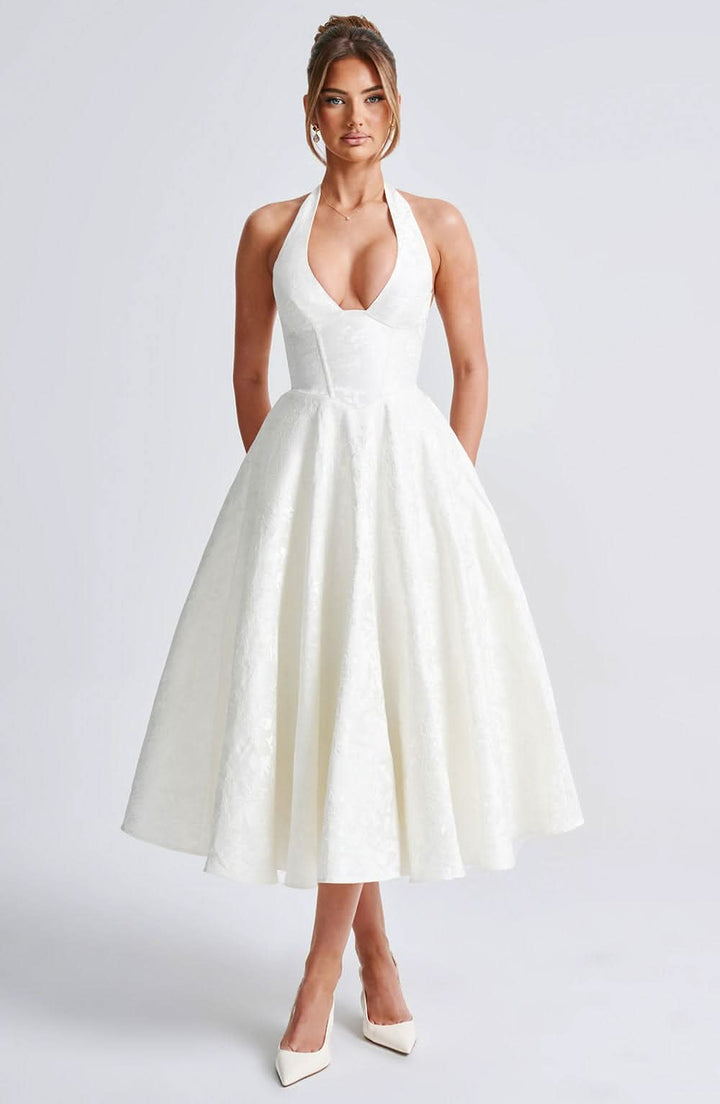 Halter Neck Jacquard Midi Dress for Women, A-Line Skirt