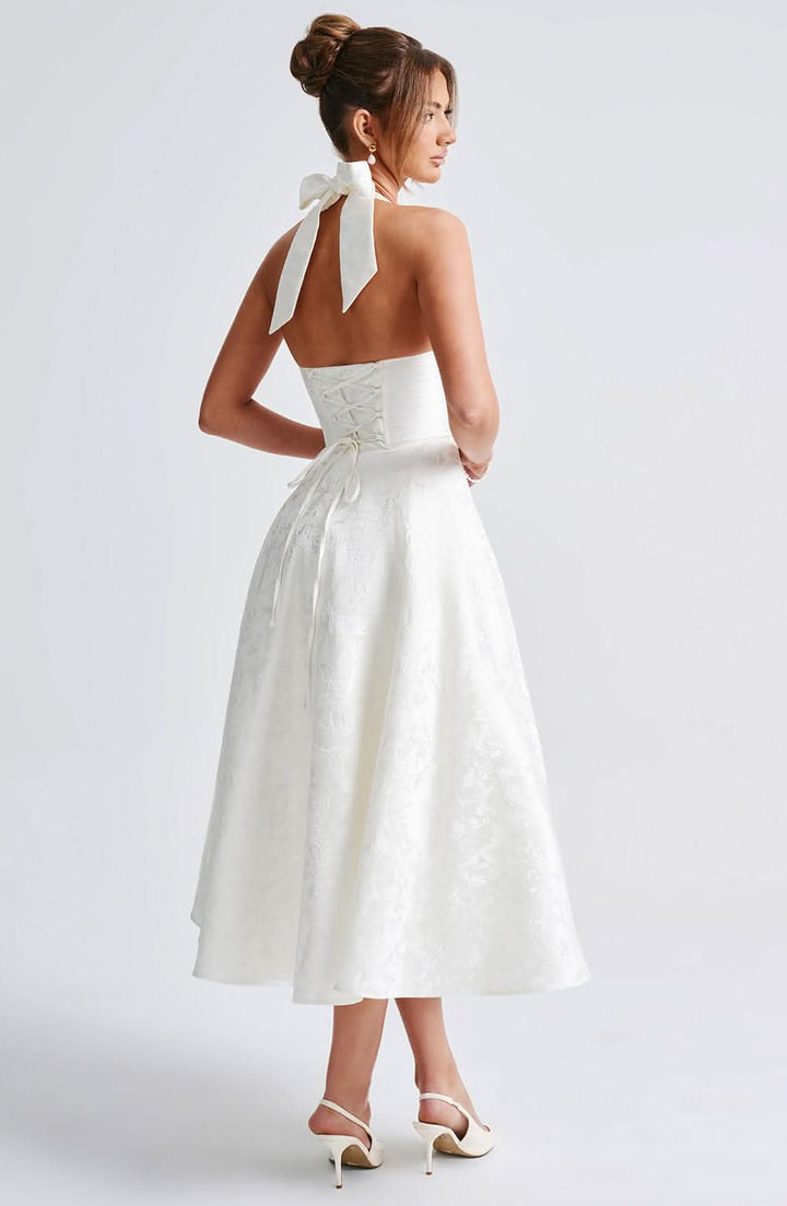Halter Neck Jacquard Midi Dress for Women, A-Line Skirt